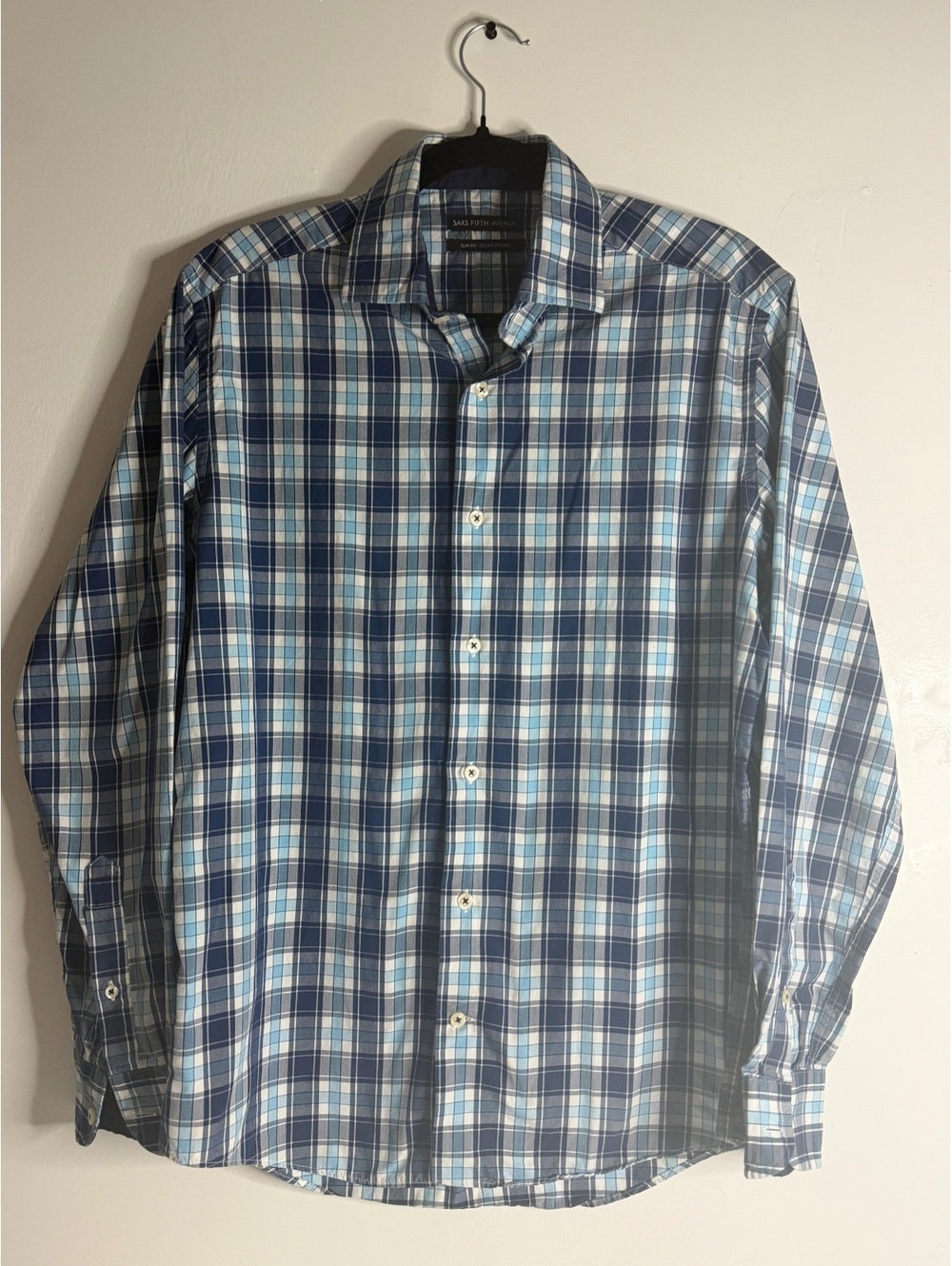 Saks Fifth Avenue Slim Fit Medium Blue Plaid Button-Up Shirt
